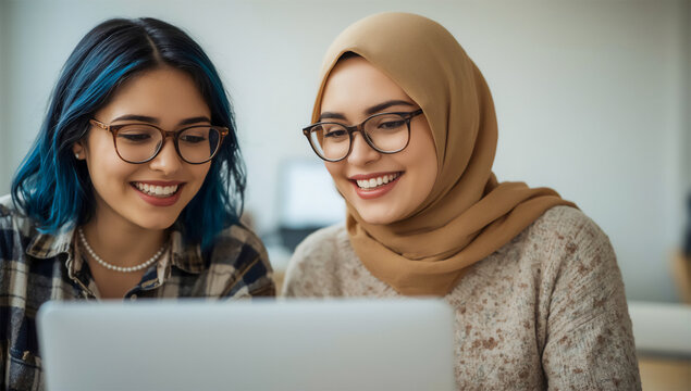 Two smiling diverse young women working together on a laptop computer