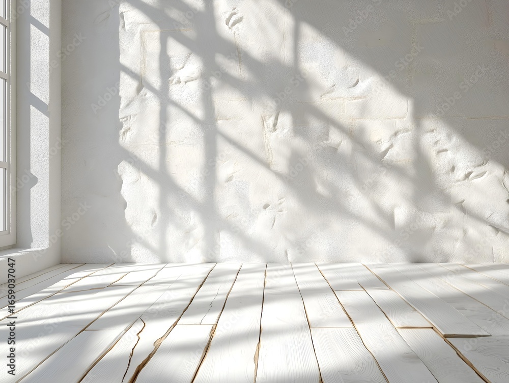 Poster a room with a window casting light and shadows, the scene generates a strong contrast, enhancing the