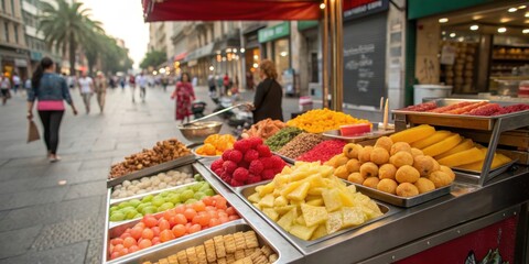 Fototapeta premium Vibrant outdoor food stall displays fresh fruits and snacks on a busy street