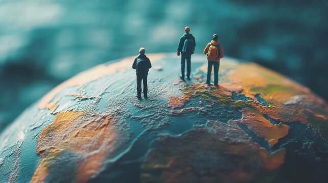 Three Travelers Stand on a Colorful Globe Representing Exploration