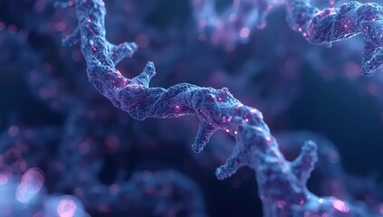 Close up of a textured blue and purple branch with glowing pink spots in a blurred background