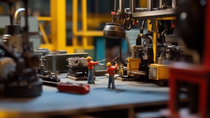 Miniature Construction Scene with Workers and Machinery in Action