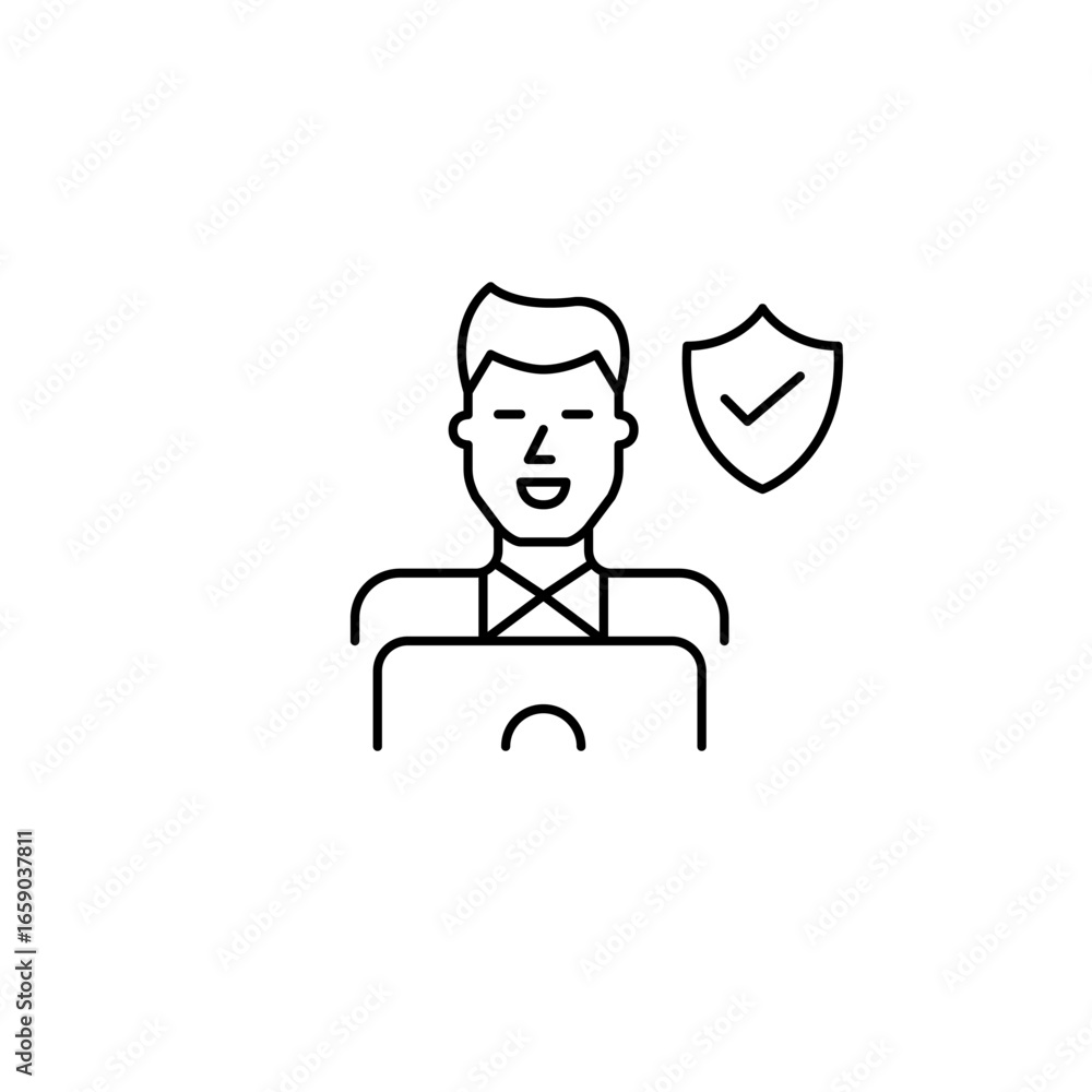 Poster man working at laptop, shield and checkmark. cybersecurity assurance, safe data handling, authentica