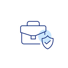 Verified business security, trusted professional protection, secure work data, approved corporate access. Briefcase, shield and checkmark. Pixel perfect, editable stroke vector icon