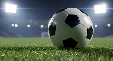 Fototapeta premium Soccer ball on the field under stadium lights, game ready