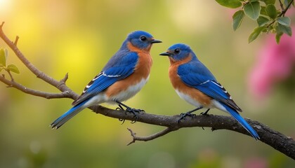 Fototapeta premium Two bluebirds perch on tree branch. One bird gazes at other. Vibrant blue and orange feathers contrast against soft green and yellow blurred background. Nature, wildlife, spring season, avian life.