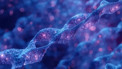 Close up of a dna strand with blue and purple lights creating an abstract molecular structure art
