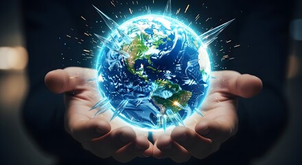 A person's hands cradle a vibrant, glowing Earth, emanating bright energy and light, symbolizing global power and connection.
