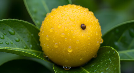 Close-Up of a Dew-Covered Yellow Fruit on a Green Leaf