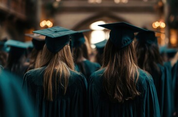 Obraz premium Group of graduates wearing traditional caps and gowns during outdoor graduation ceremony at sunset