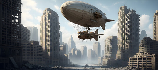 Airship over Desolate Urban Ruins