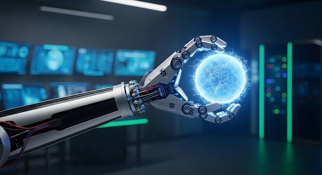 Futuristic robotic arm holding a glowing sphere of digital energy in a server room.