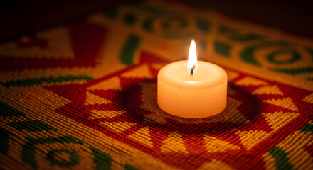 Single Lit Candle on a Colorful Woven Mat