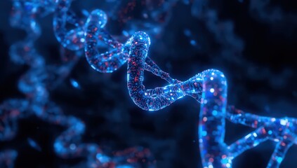 A digitally rendered dna strand with blue and red hues against a dark background in a close up view