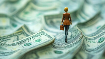Businesswoman Walking Through Dollar Bills Symbolizing Wealth Journey
