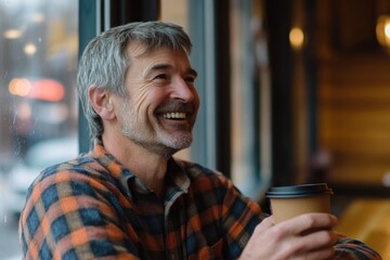 Joyful man enjoying coffee in a cozy café atmosphere