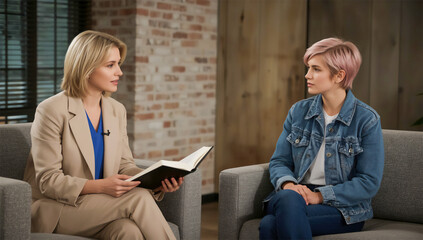 Two women in a studio setting having a conversation or interview