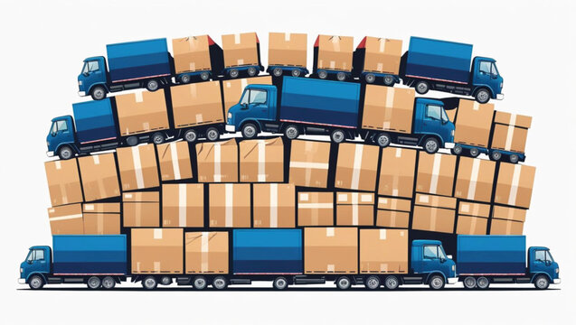 Blue delivery trucks loaded with stacked cardboard boxes on white background cargo truck lorry