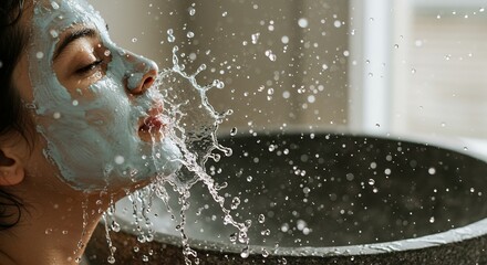 A person with a face mask is splashed with water Water droplets are dispersed An edge of a dark tub is visible