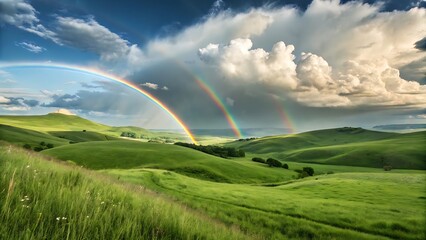Naklejka premium Vibrant double rainbow arcs over lush green rolling hills after a storm