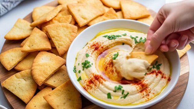 Hummus in a bowl with pita chips being dipped into it