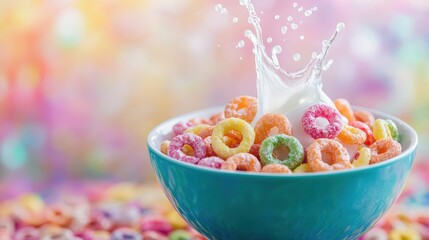 A colorful bowl of rainbow cereal loops with a milk splash frozen in motion on blurred background