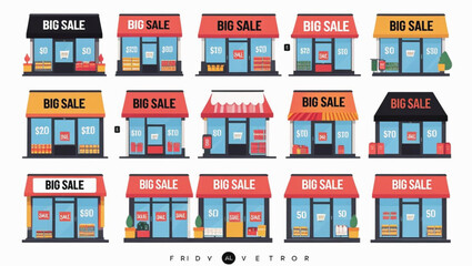Obraz premium Collection of twelve flat design storefronts advertising big sales shop retail