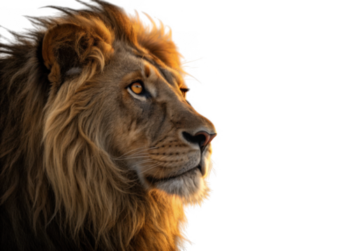 Majestic male lion profile portrait with golden mane isolated on transparent background