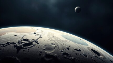 Moon surface with craters illuminated edge and a distant crescentshaped object in a dark sky