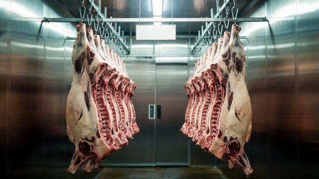 Meat carcasses hanging on hooks in cold storage room with blurred background, empty copy space, concept of meat industry
