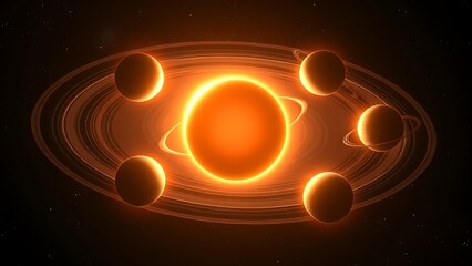 Star surrounded by five glowing planetary orbits highlighting habitable zones.
