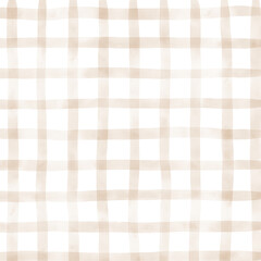 Brown Beige White Plaid Gingham Madras Check Hand Drawn Background Pattern Overlay