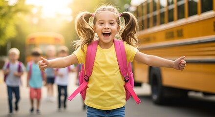 陽光輝く朝、元気な笑顔で学校へ駆け出す子供たち。幸せな瞬間. AI Generated