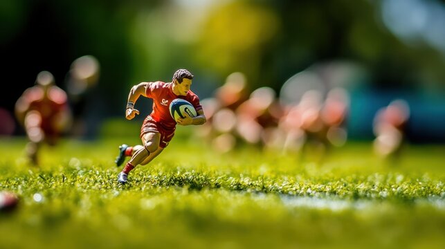 Dynamic Rugby Player in Action on a Lush Green Field