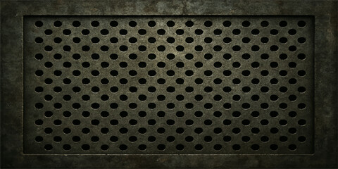 Seamless gray metal grid texture with black holes on a dark carbon fiber surface