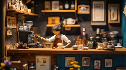 Cozy Coffee Shop Scene with Barista Brewing a Cup of Coffee