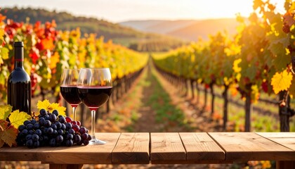 Two glasses of red wine on a rustic table overlooking an autumn vineyard during a golden sunset