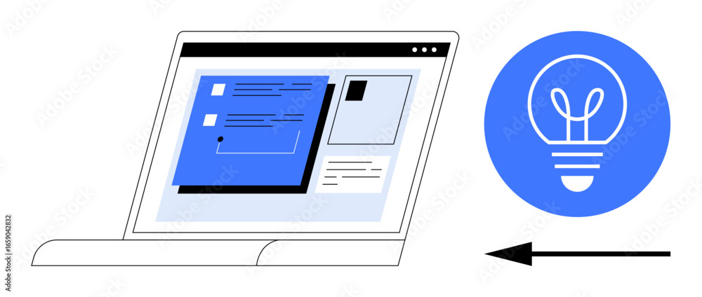 Poster open laptop displaying user interface with text content, next to a light bulb icon suggesting creati