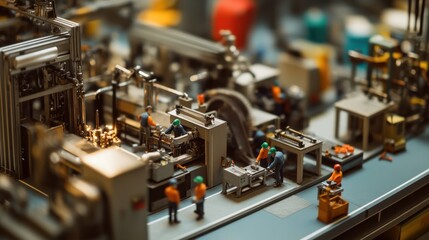 Detailed View of Miniature Factory with Workers and Machinery