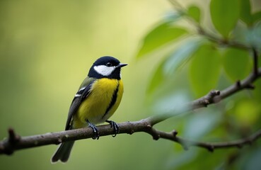 Obraz premium Great tit bird perched on tree branch, close-up. Features vibrant yellow breast, black head, white cheeks, and striped wings. Soft green foliage background suggests spring or summer nature scene.