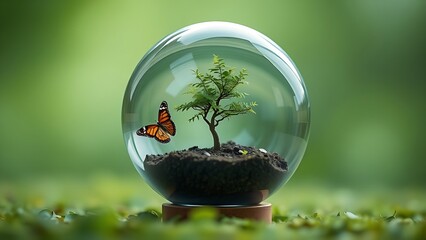 A glass orb containing a miniature tree and butterfly on a green background, representing ecological balance.