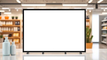 Fototapeta premium TV screen displaying white set in a retail store setting Skincare bottles foreground shelves with products background