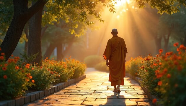 Buddhist monk walks stone path through sunlit garden. Orange flowers border walkway under trees. Golden hour sunlight streams through leaves. Serene scene promotes peace, mindfulness, spirituality.