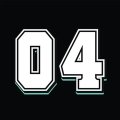 04 Classic Vintage Sport Jersey Uniform numbers in black with a black outside contour line number on white background for American football, Baseball and Basketball or soccer for shirt