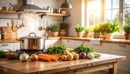 Vibrant scene of home cooking with fresh organic vegetables on a wooden island and a steaming pot on the stove in a sunlit kitchen