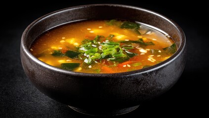 Savory soup with vegetables, sesame seeds, and green onions