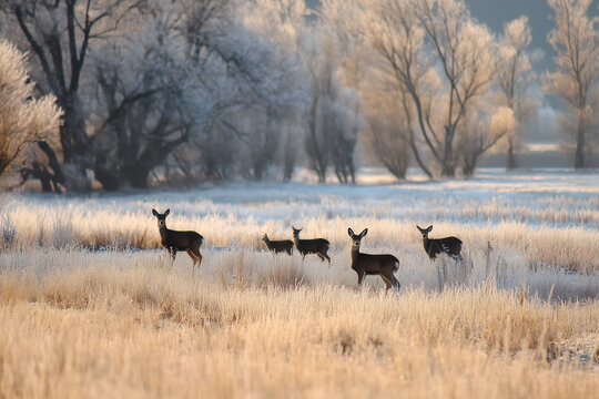Herd of Deer Grazing in a Frosty Meadow During Sunrise.