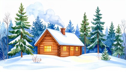 Watercolor illustration of a cozy wooden log cabin with glowing windows and smoke from the chimney in a snowy winter forest landscape