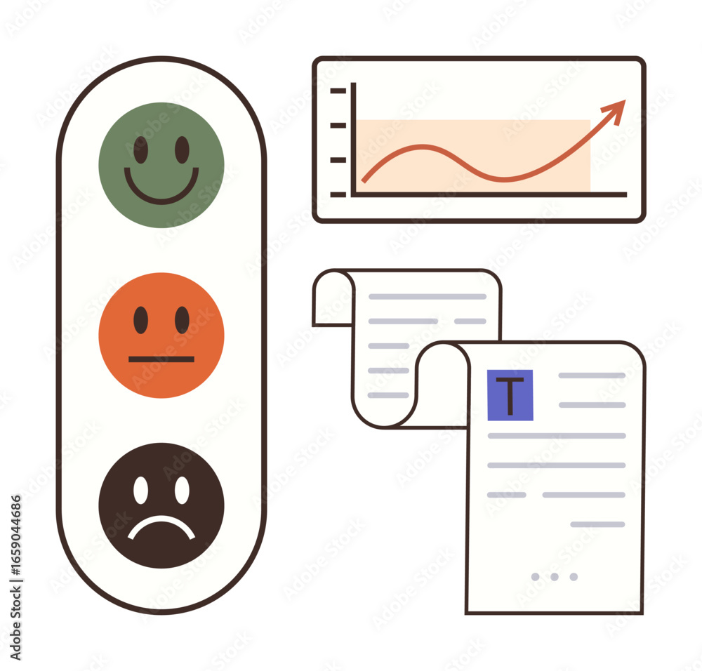 Poster happys indicating feedback, line graph showing progress, and sheets with textual details. ideal for 