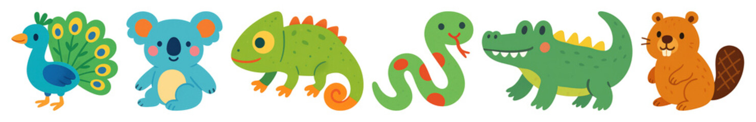 PNG Colorful cartoon animal illustrations, element set on transparent background